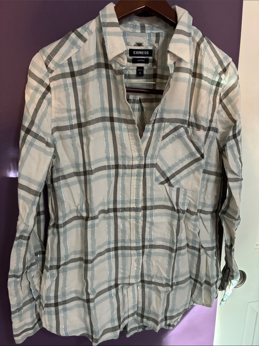 EXPRESS BOYFRIEND BUTTON DOWN METALLIC PLAID